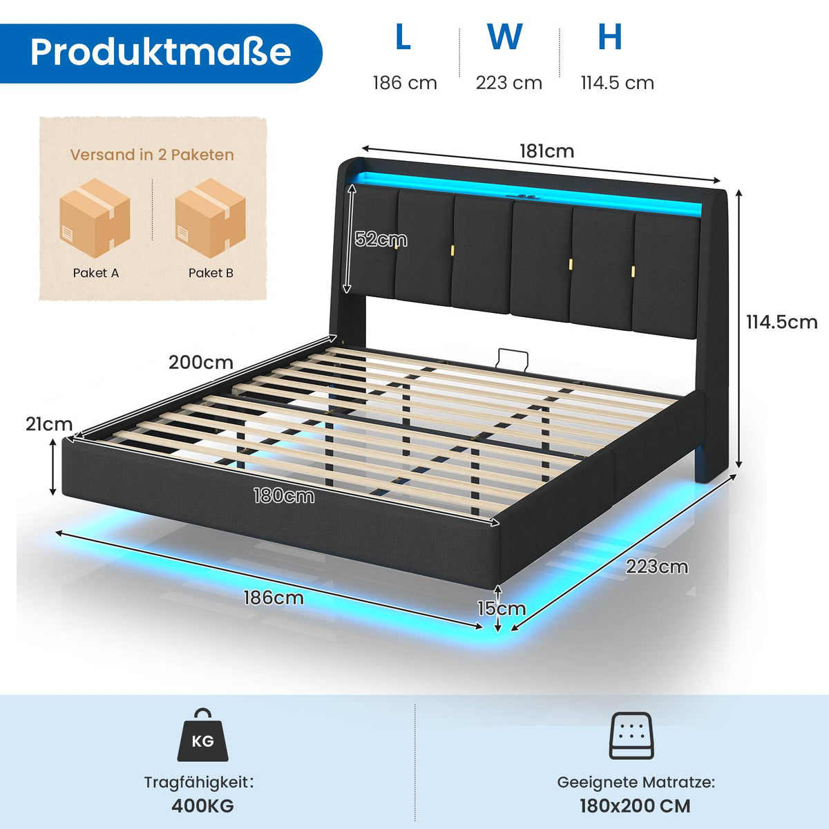 Brinlawb Polsterbett Schwebebett mit LED Beleuchtung und Ladestation 2 Steckdosen 2 USB Bettgestell mit gepolstertem