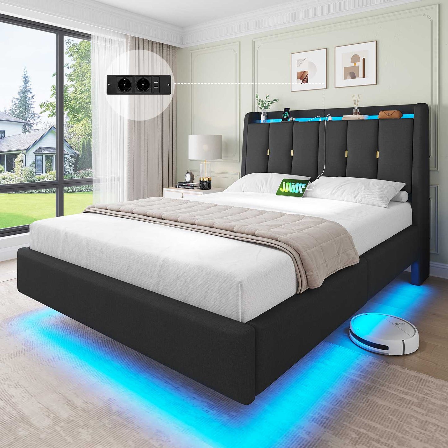 Brinlawb Polsterbett Schwebebett mit LED Beleuchtung und Ladestation 2 Steckdosen 2 USB Bettgestell mit gepolstertem