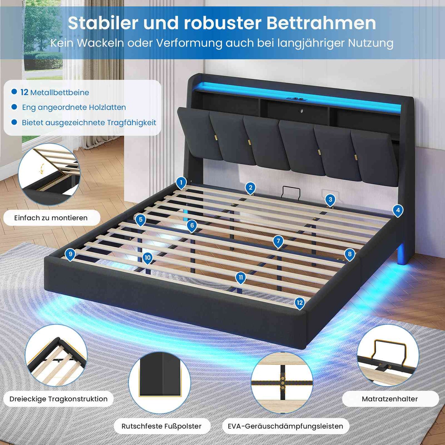 Brinlawb Polsterbett Schwebebett mit LED Beleuchtung und Ladestation 2 Steckdosen 2 USB Bettgestell mit gepolstertem