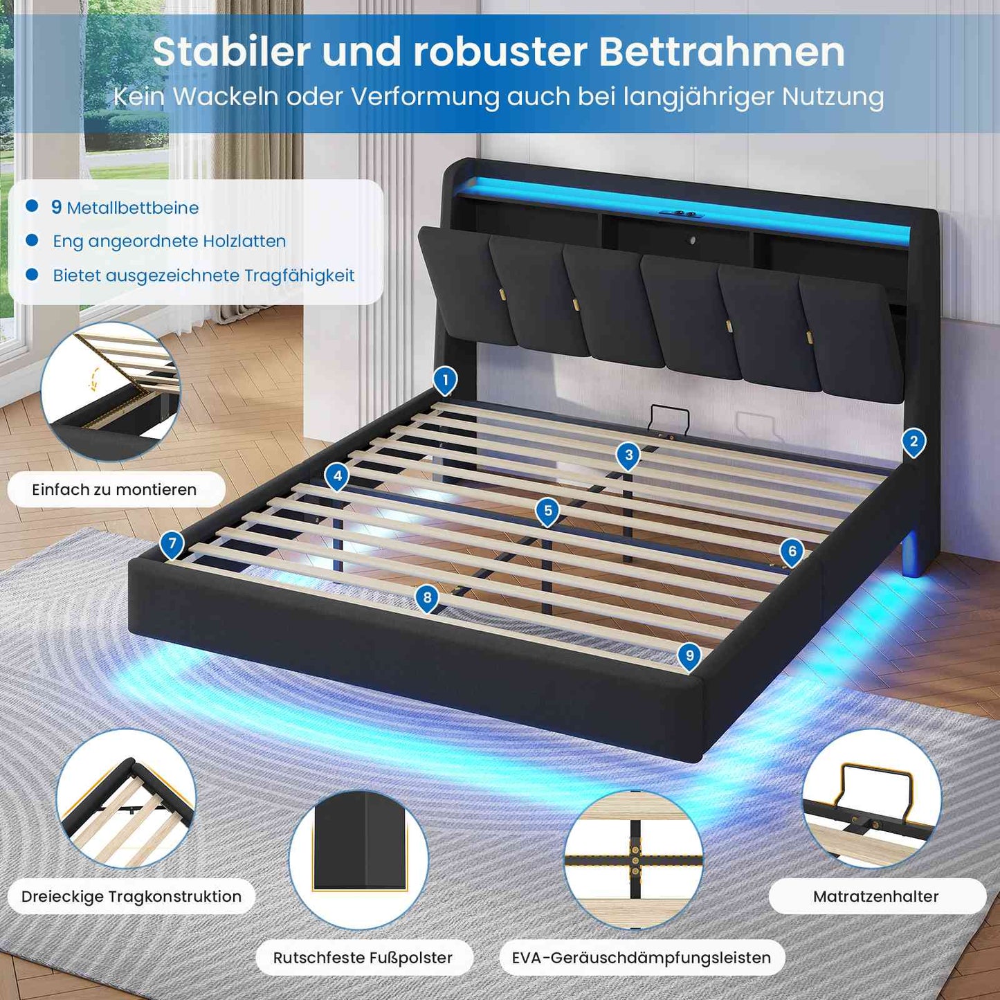 Brinlawb Polsterbett Schwebebett mit LED Beleuchtung und Ladestation 2 Steckdosen 2 USB Bettgestell mit gepolstertem