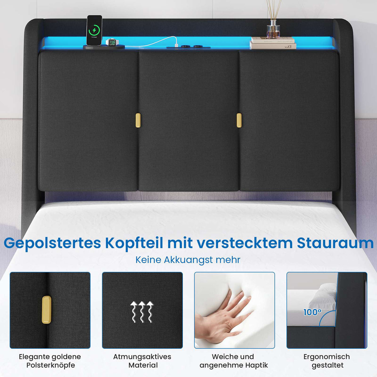 Brinlawb Polsterbett Schwebebett mit LED Beleuchtung und Ladestation 2 Steckdosen 2 USB Bettgestell mit gepolstertem