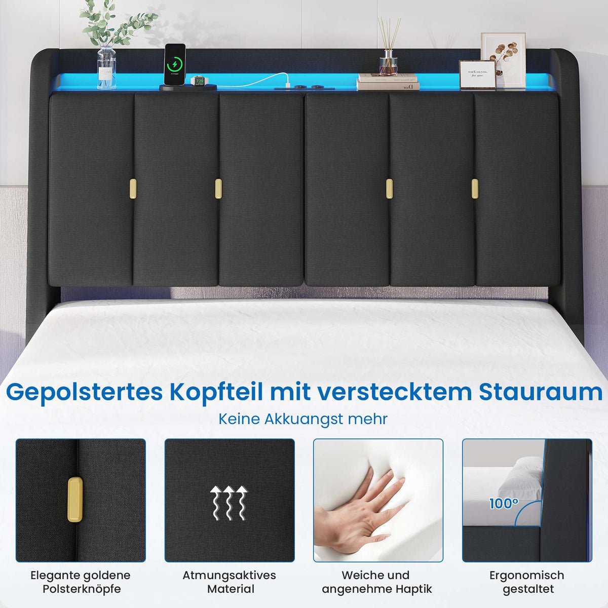 Brinlawb Polsterbett Schwebebett mit LED Beleuchtung und Ladestation 2 Steckdosen 2 USB Bettgestell mit gepolstertem