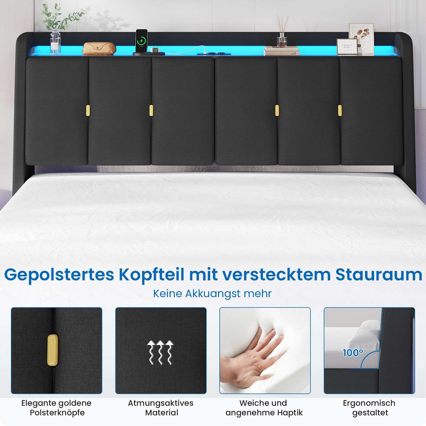 Brinlawb Polsterbett Schwebebett mit LED Beleuchtung und Ladestation 2 Steckdosen 2 USB Bettgestell mit gepolstertem