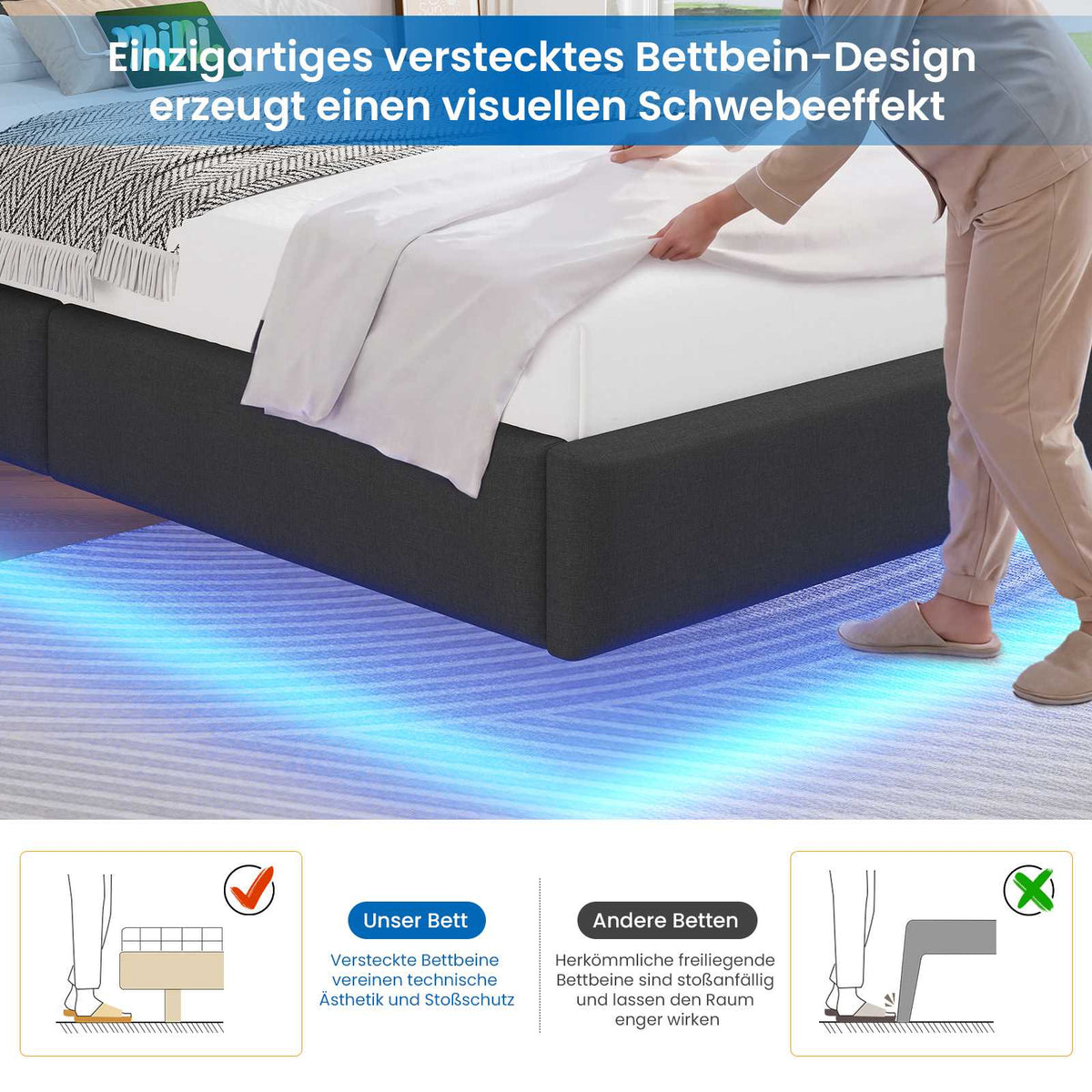 Brinlawb Polsterbett Schwebebett mit LED Beleuchtung und Ladestation 2 Steckdosen 2 USB Bettgestell mit gepolstertem