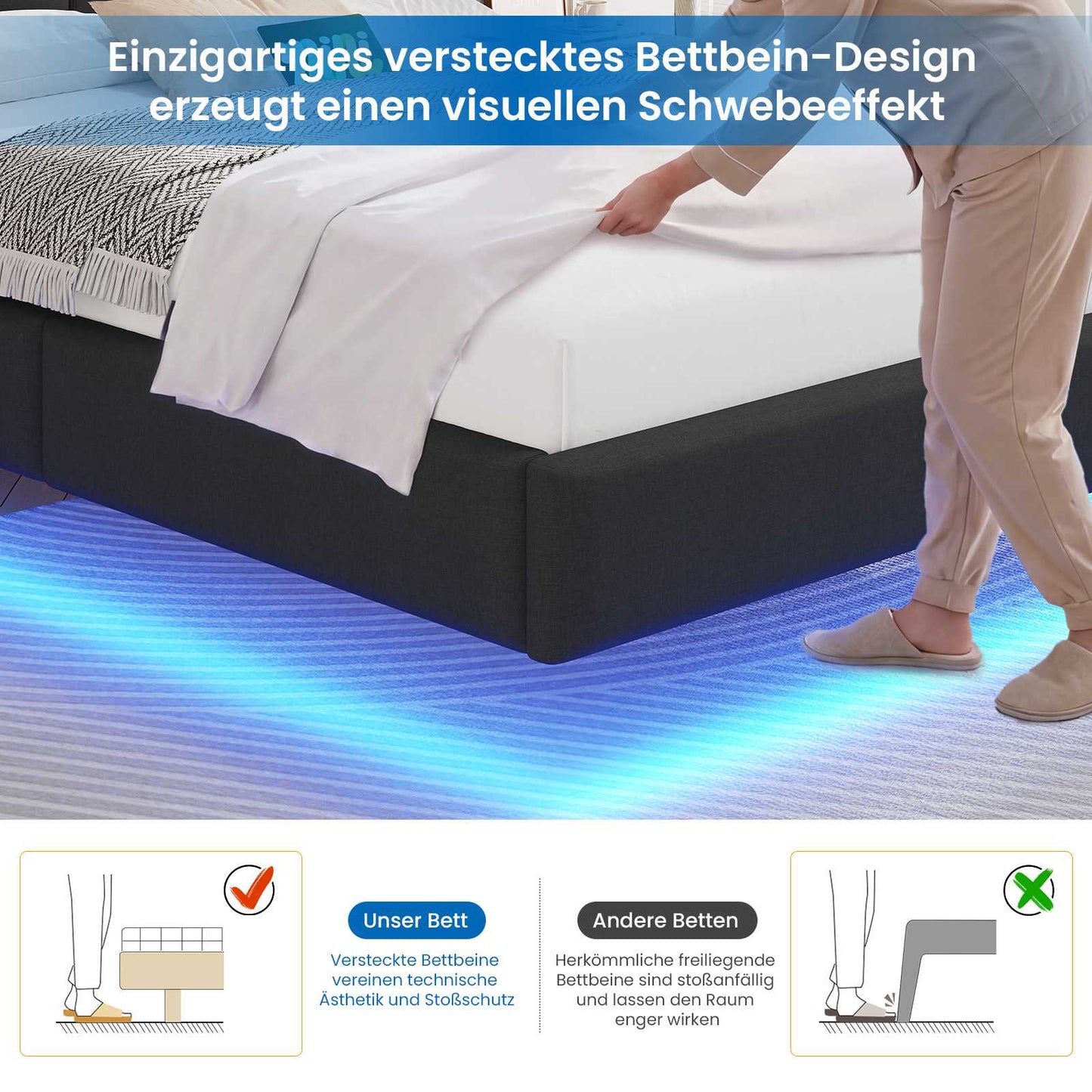 Brinlawb Polsterbett Schwebebett mit LED Beleuchtung und Ladestation 2 Steckdosen 2 USB Bettgestell mit gepolstertem
