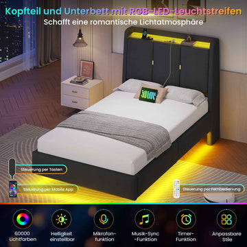 Brinlawb Polsterbett Schwebebett mit LED Beleuchtung und Ladestation 2 Steckdosen 2 USB Bettgestell mit gepolstertem