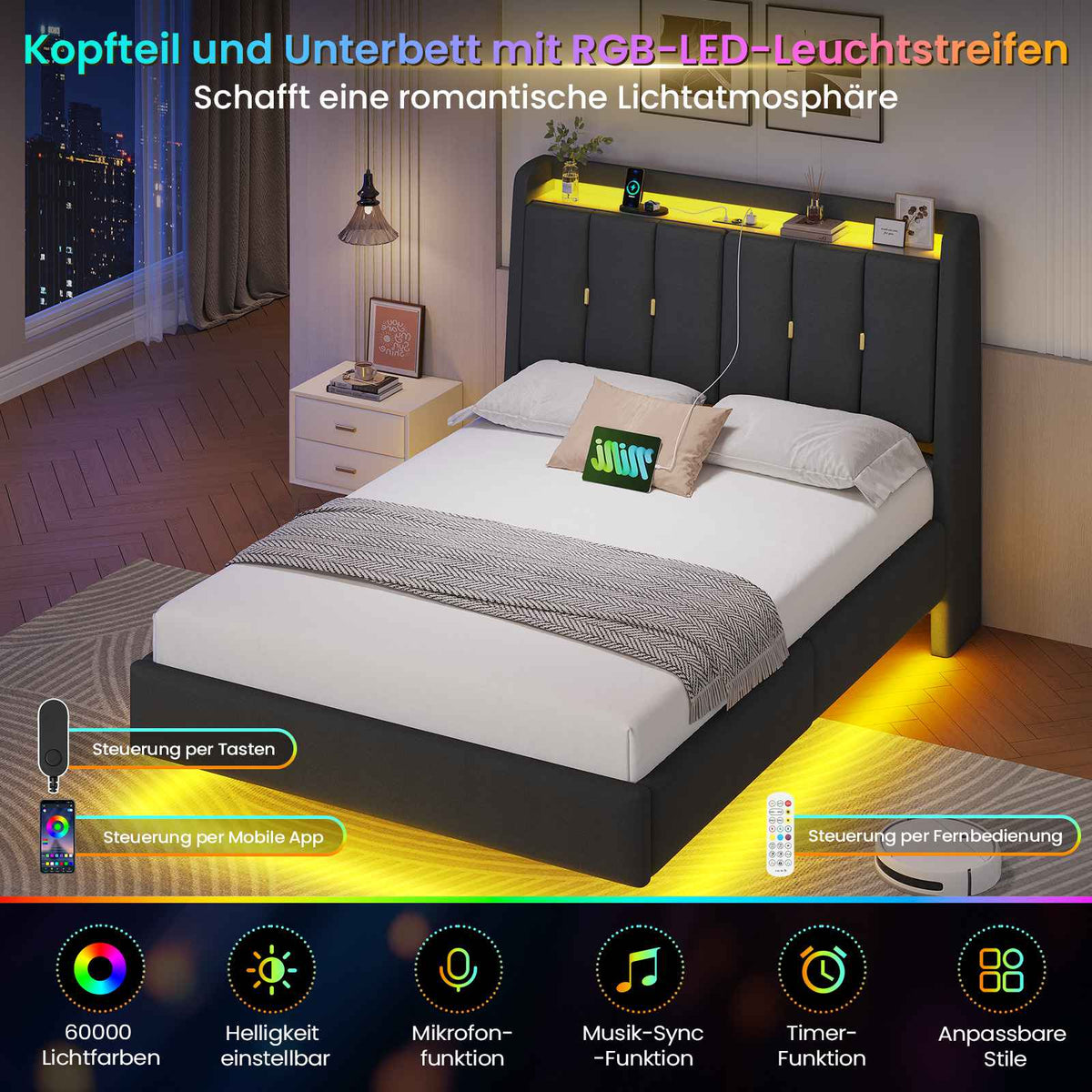 Brinlawb Polsterbett Schwebebett mit LED Beleuchtung und Ladestation 2 Steckdosen 2 USB Bettgestell mit gepolstertem