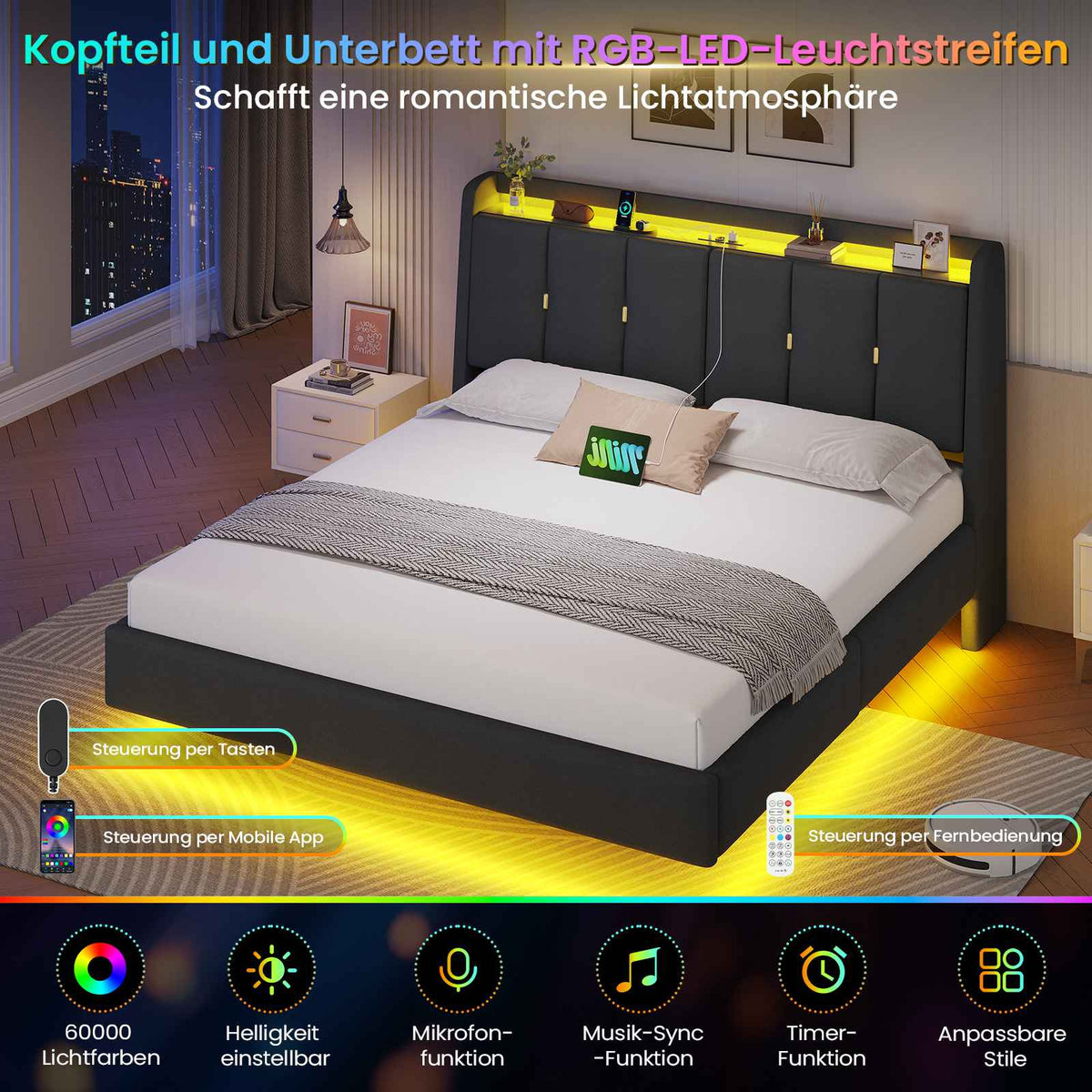 Brinlawb Polsterbett Schwebebett mit LED Beleuchtung und Ladestation 2 Steckdosen 2 USB Bettgestell mit gepolstertem
