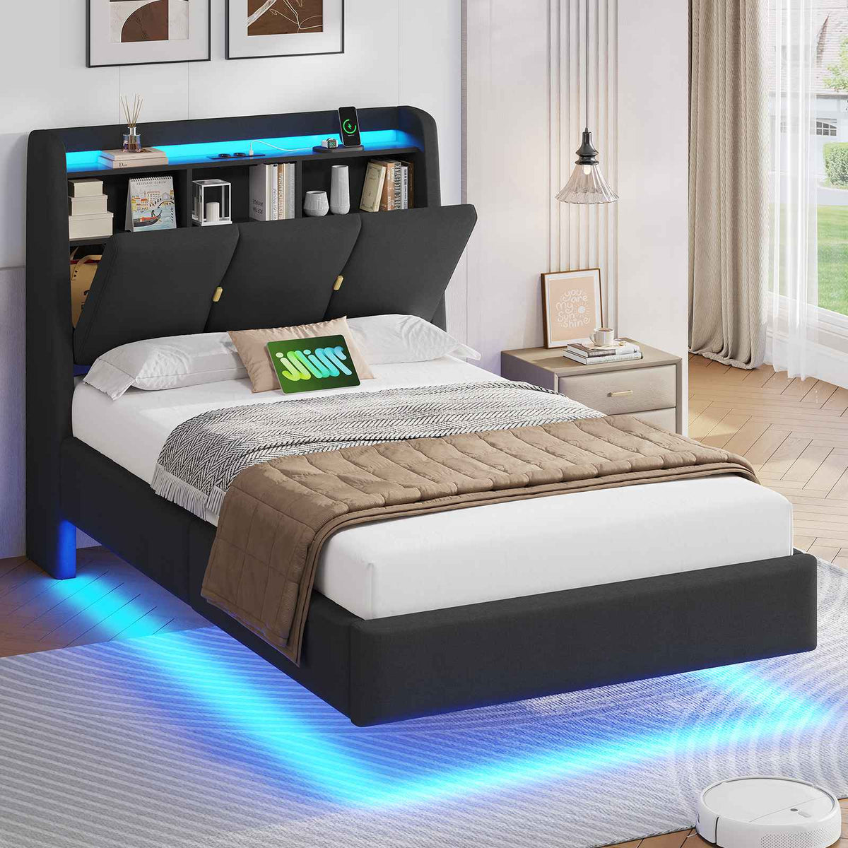 Brinlawb Polsterbett Schwebebett mit LED Beleuchtung und Ladestation 2 Steckdosen 2 USB Bettgestell mit gepolstertem