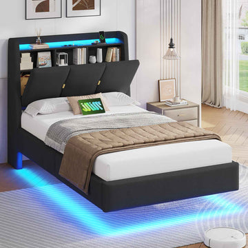 Brinlawb Polsterbett Schwebebett mit LED Beleuchtung und Ladestation 2 Steckdosen 2 USB Bettgestell mit gepolstertem