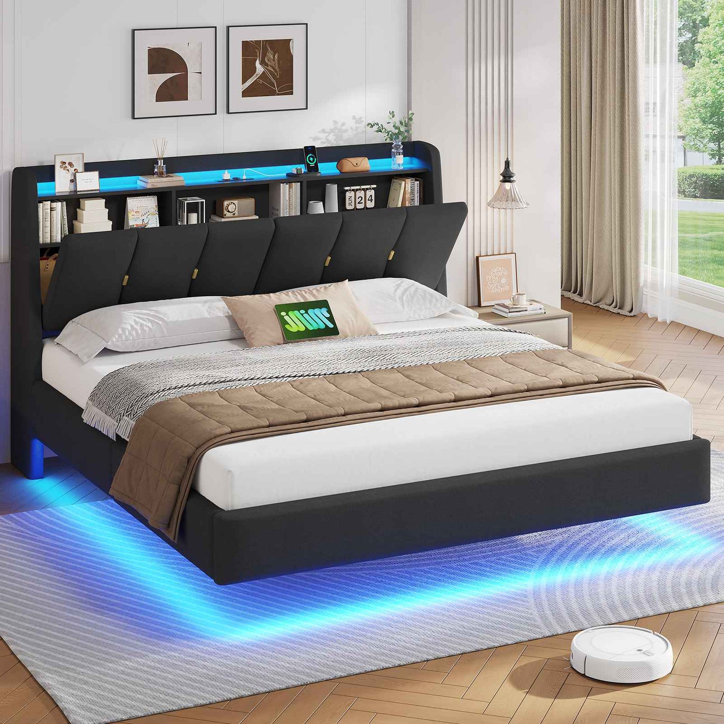 Brinlawb Polsterbett Schwebebett mit LED Beleuchtung und Ladestation 2 Steckdosen 2 USB Bettgestell mit gepolstertem