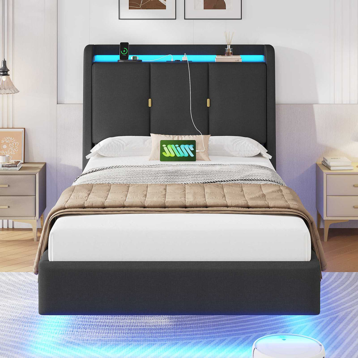 Brinlawb Polsterbett Schwebebett mit LED Beleuchtung und Ladestation 2 Steckdosen 2 USB Bettgestell mit gepolstertem