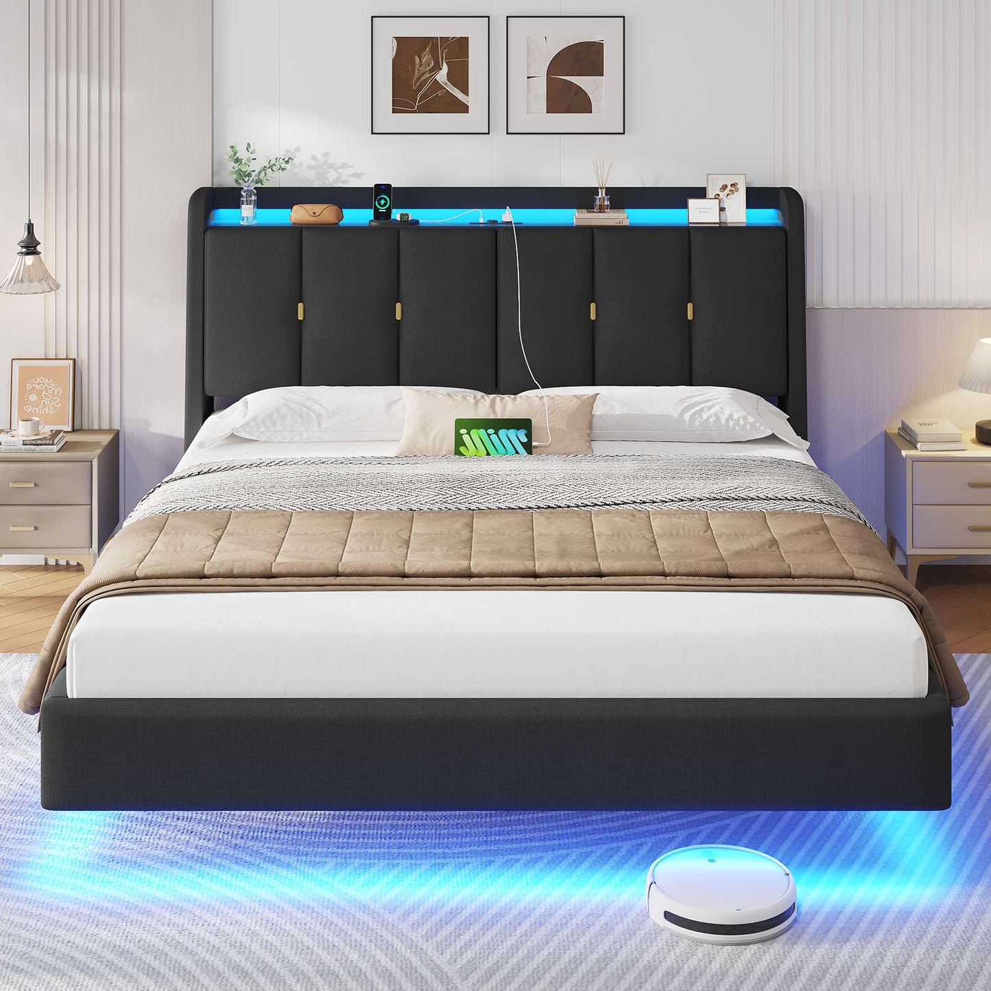 Brinlawb Polsterbett Schwebebett mit LED Beleuchtung und Ladestation 2 Steckdosen 2 USB Bettgestell mit gepolstertem