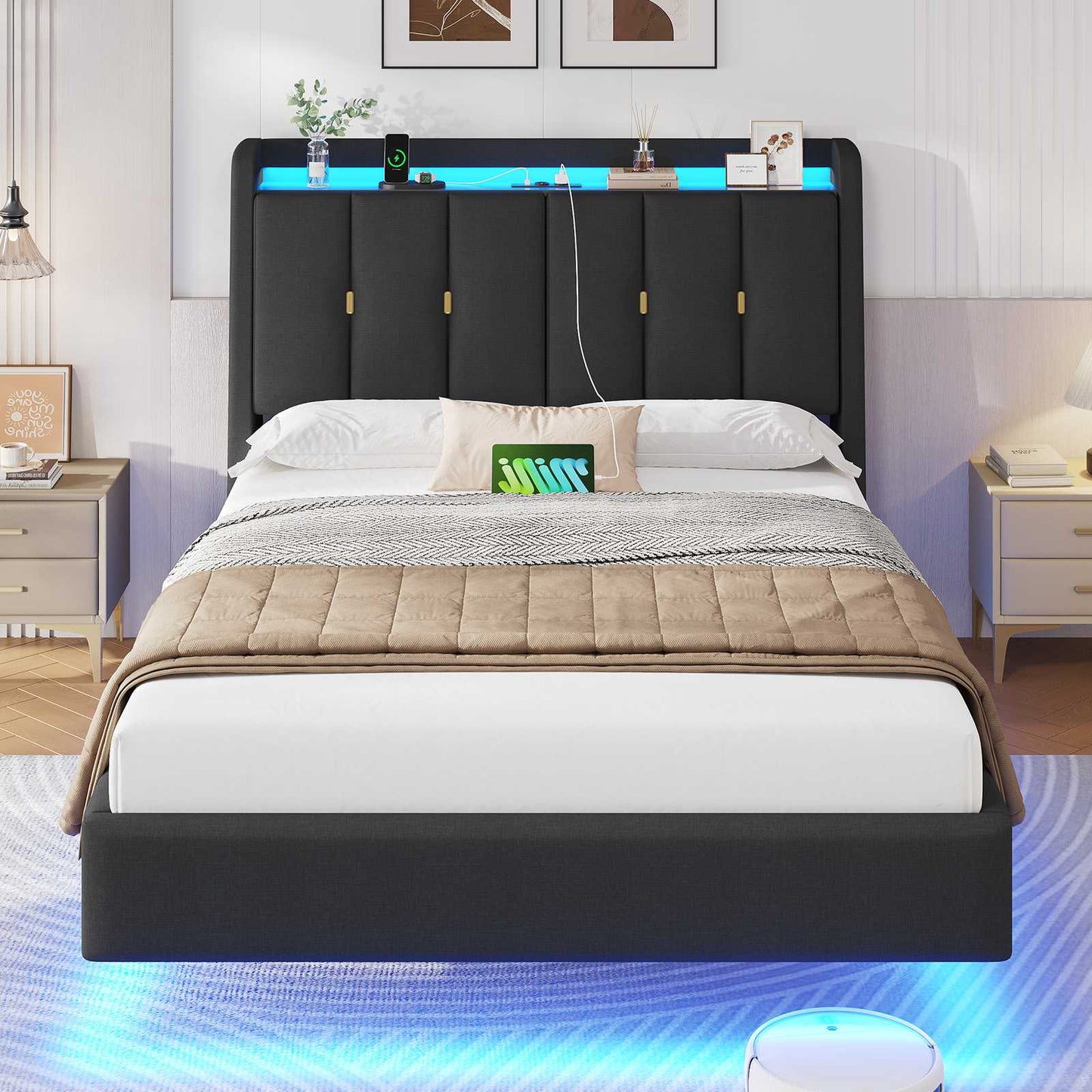 Brinlawb Polsterbett Schwebebett mit LED Beleuchtung und Ladestation 2 Steckdosen 2 USB Bettgestell mit gepolstertem