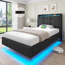 Brinlawb Polsterbett Schwebebett mit LED Beleuchtung und Ladestation 2 Steckdosen 2 USB Bettgestell mit gepolstertem