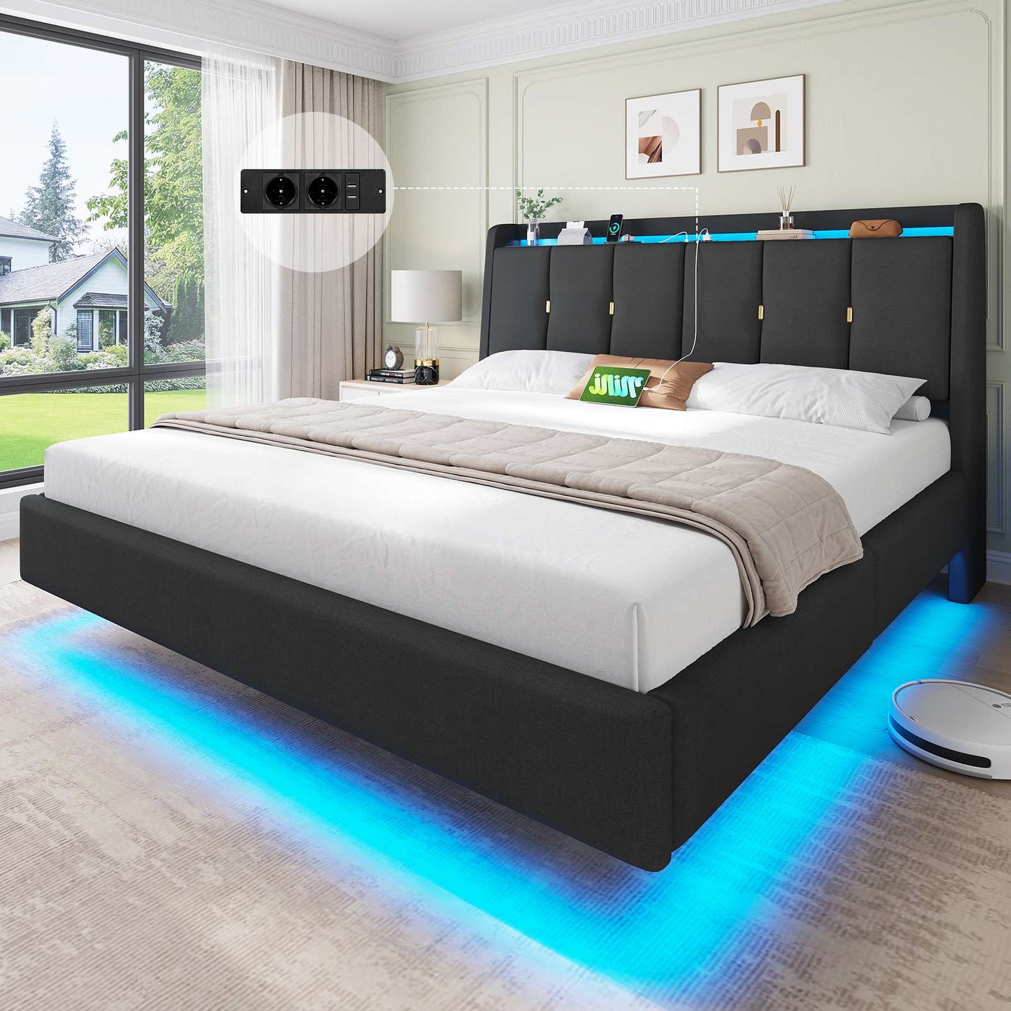 Brinlawb Polsterbett Schwebebett mit LED Beleuchtung und Ladestation 2 Steckdosen 2 USB Bettgestell mit gepolstertem