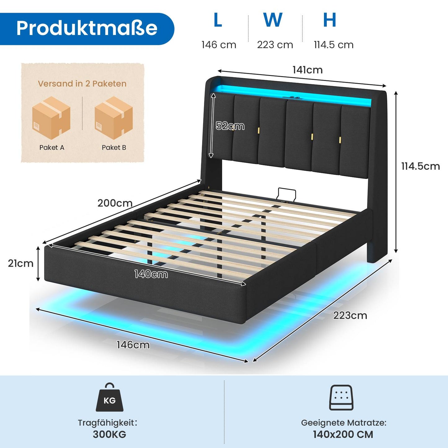 Brinlawb Polsterbett Schwebebett mit LED Beleuchtung und Ladestation 2 Steckdosen 2 USB Bettgestell mit gepolstertem