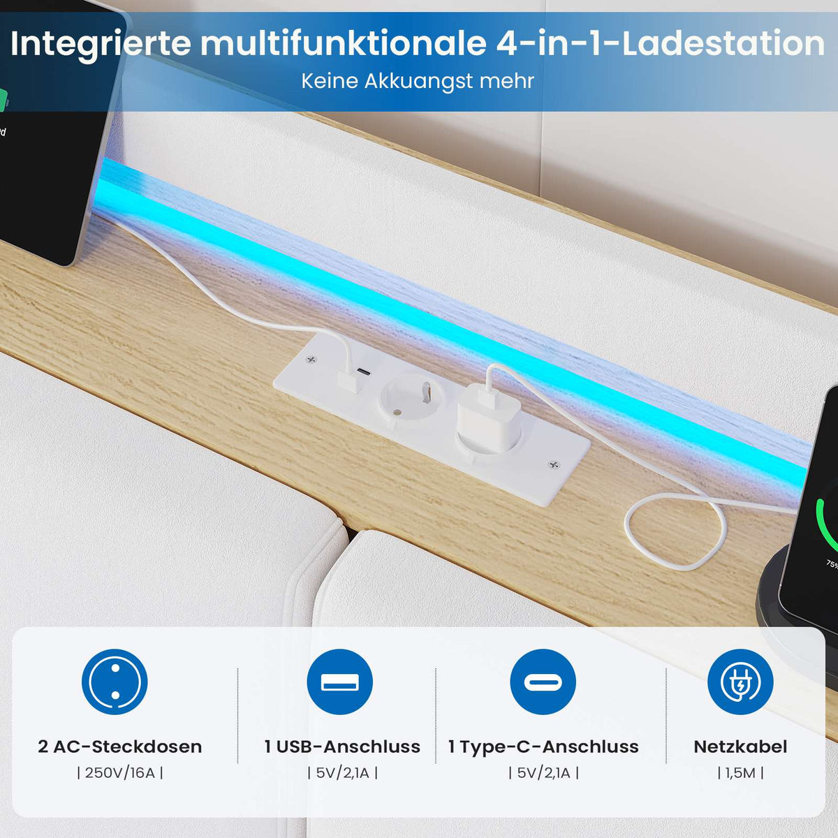 Brinlawb Polsterbett Schwebebett mit LED Beleuchtung und Ladestation 2 Steckdosen 2 USB Jugendbett mit gepolstertem