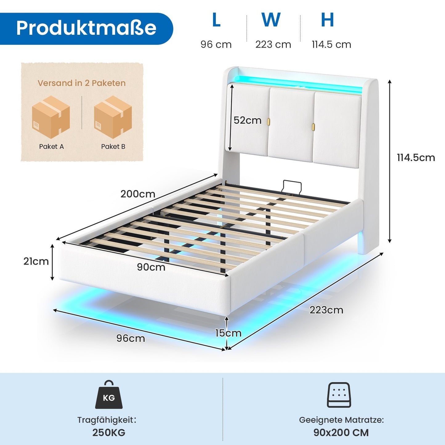 Brinlawb Polsterbett Schwebebett mit LED Beleuchtung und Ladestation 2 Steckdosen 2 USB Jugendbett mit gepolstertem