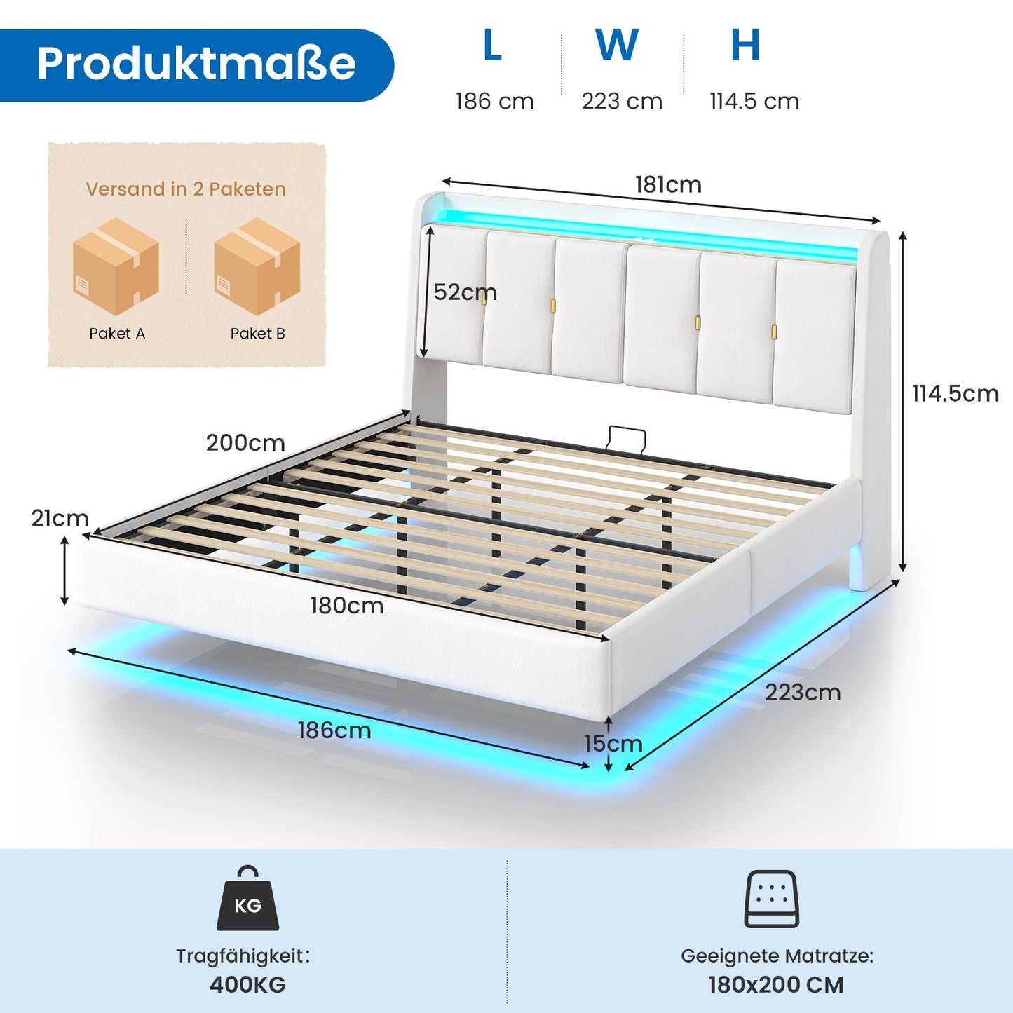 Brinlawb Polsterbett Schwebebett mit LED Beleuchtung und Ladestation 2 Steckdosen 2 USB Jugendbett mit gepolstertem