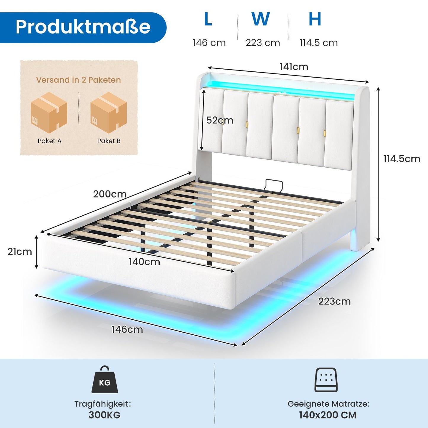 Brinlawb Polsterbett Schwebebett mit LED Beleuchtung und Ladestation 2 Steckdosen 2 USB Jugendbett mit gepolstertem