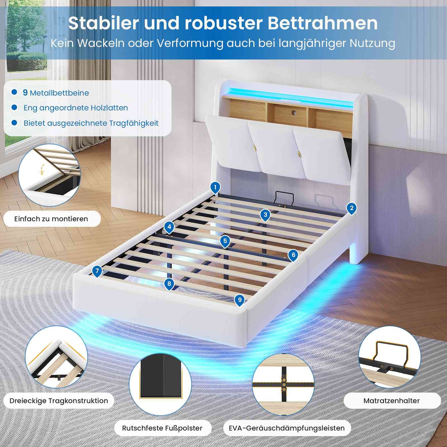 Brinlawb Polsterbett Schwebebett mit LED Beleuchtung und Ladestation 2 Steckdosen 2 USB Jugendbett mit gepolstertem