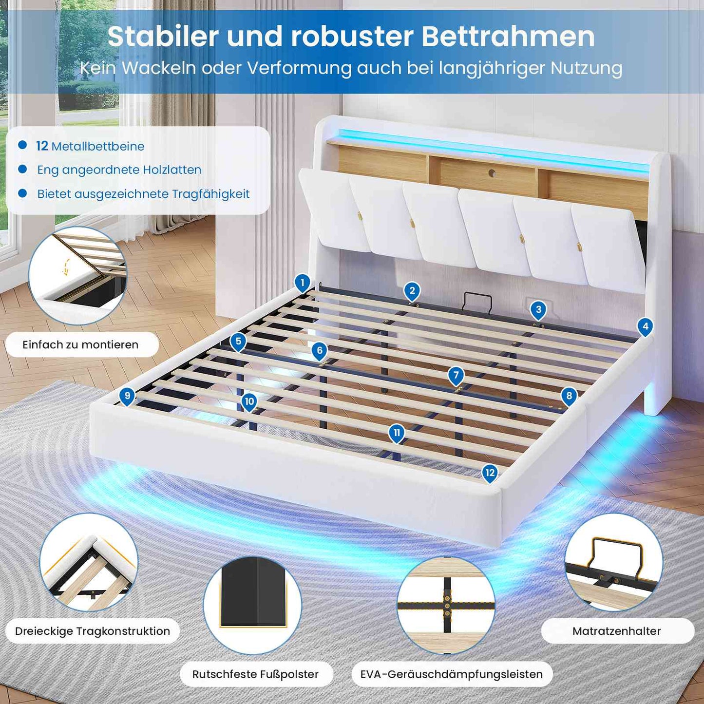 Brinlawb Polsterbett Schwebebett mit LED Beleuchtung und Ladestation 2 Steckdosen 2 USB Jugendbett mit gepolstertem