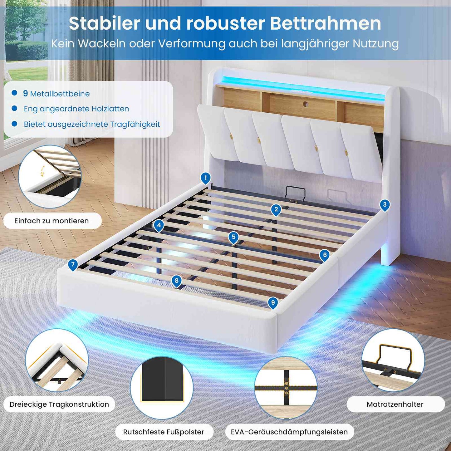 Brinlawb Polsterbett Schwebebett mit LED Beleuchtung und Ladestation 2 Steckdosen 2 USB Jugendbett mit gepolstertem