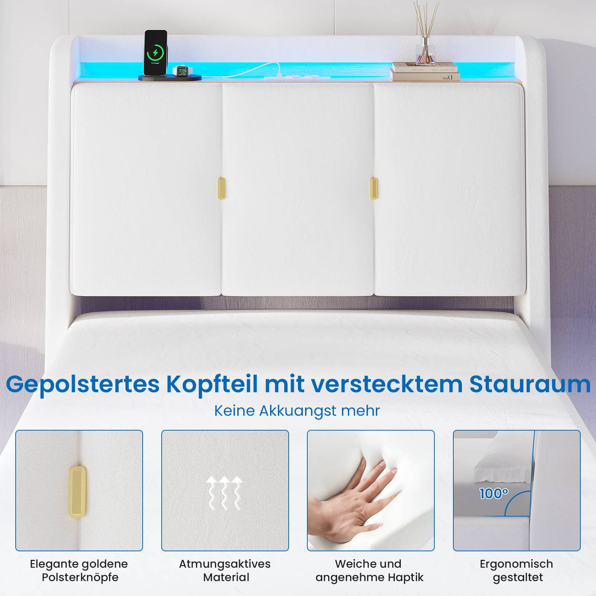 Brinlawb Polsterbett Schwebebett mit LED Beleuchtung und Ladestation 2 Steckdosen 2 USB Jugendbett mit gepolstertem