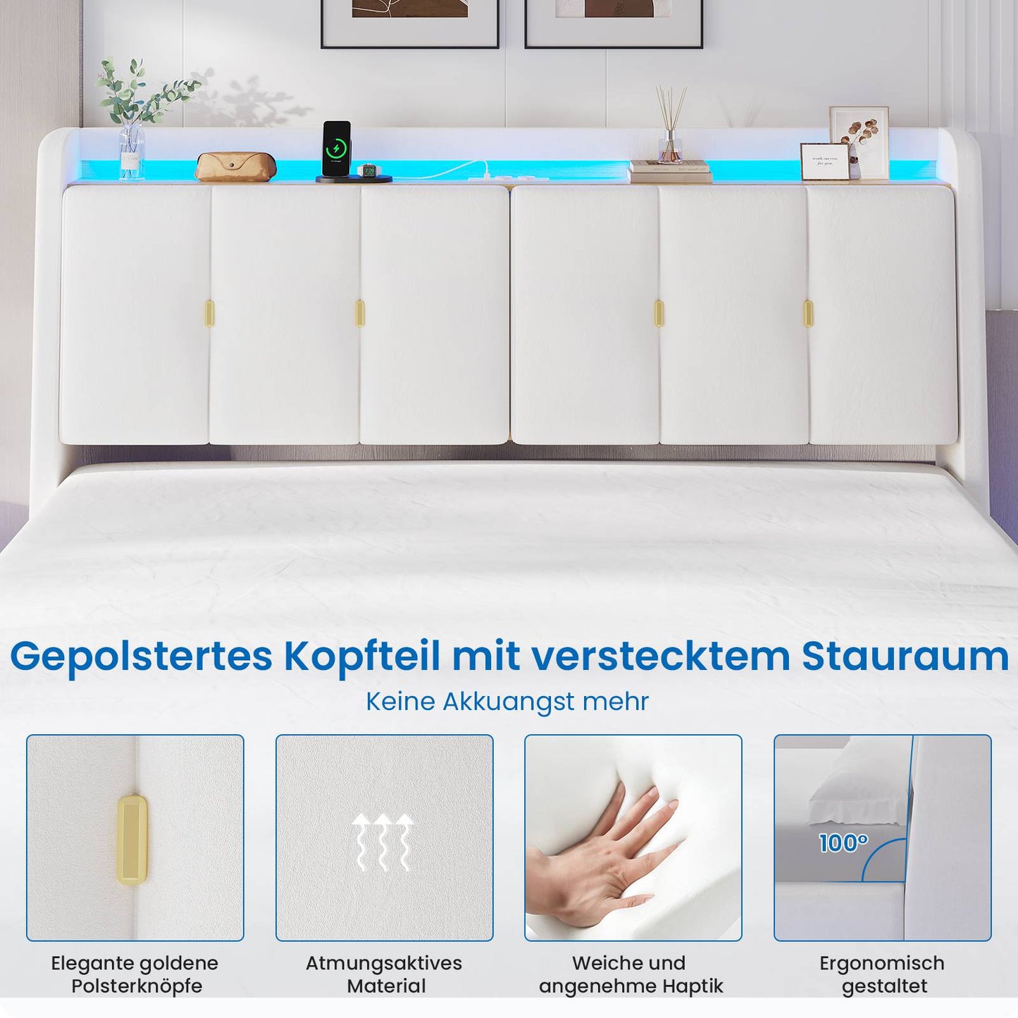 Brinlawb Polsterbett Schwebebett mit LED Beleuchtung und Ladestation 2 Steckdosen 2 USB Jugendbett mit gepolstertem