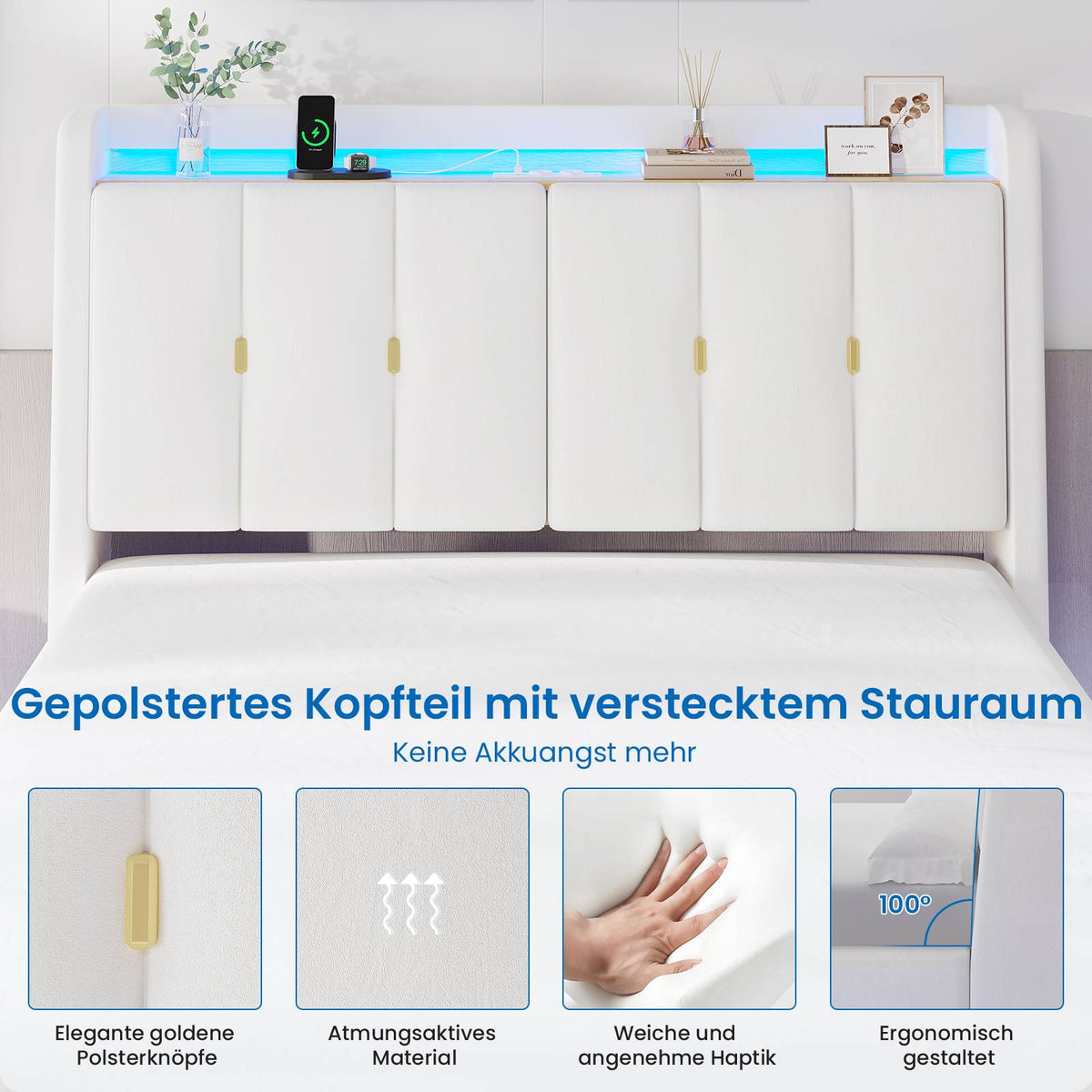 Brinlawb Polsterbett Schwebebett mit LED Beleuchtung und Ladestation 2 Steckdosen 2 USB Jugendbett mit gepolstertem
