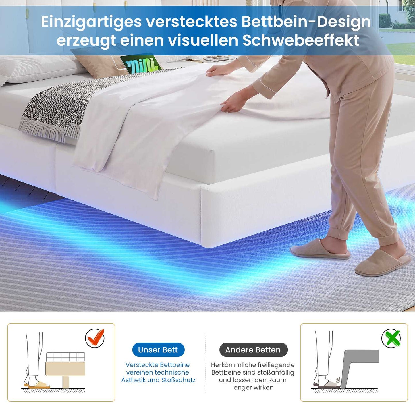 Brinlawb Polsterbett Schwebebett mit LED Beleuchtung und Ladestation 2 Steckdosen 2 USB Jugendbett mit gepolstertem