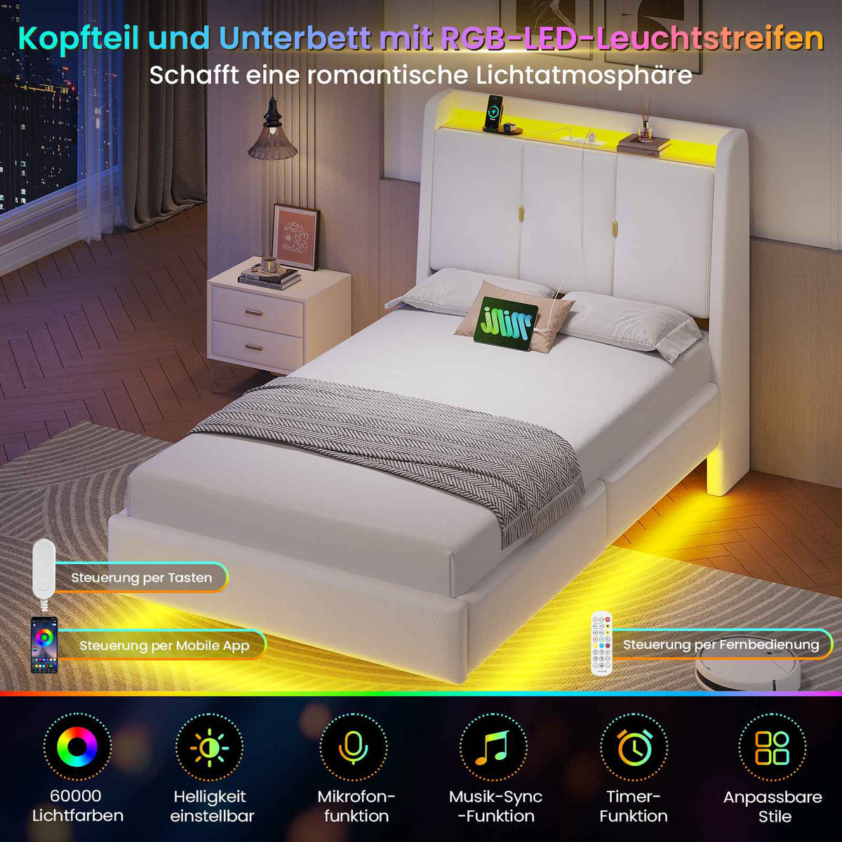Brinlawb Polsterbett Schwebebett mit LED Beleuchtung und Ladestation 2 Steckdosen 2 USB Jugendbett mit gepolstertem