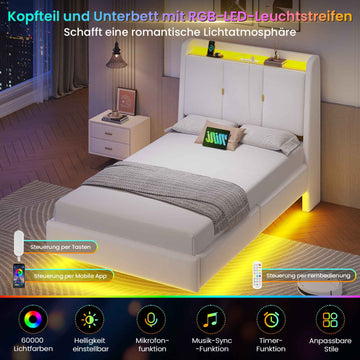 Brinlawb Polsterbett Schwebebett mit LED Beleuchtung und Ladestation 2 Steckdosen 2 USB Jugendbett mit gepolstertem