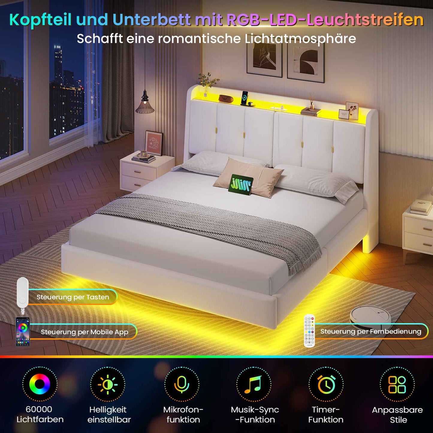 Brinlawb Polsterbett Schwebebett mit LED Beleuchtung und Ladestation 2 Steckdosen 2 USB Jugendbett mit gepolstertem