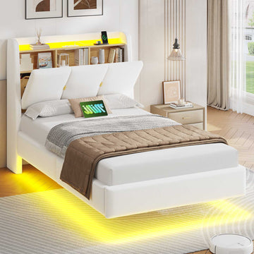 Brinlawb Polsterbett Schwebebett mit LED Beleuchtung und Ladestation 2 Steckdosen 2 USB Jugendbett mit gepolstertem