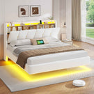 Brinlawb Polsterbett Schwebebett mit LED Beleuchtung und Ladestation 2 Steckdosen 2 USB Jugendbett mit gepolstertem