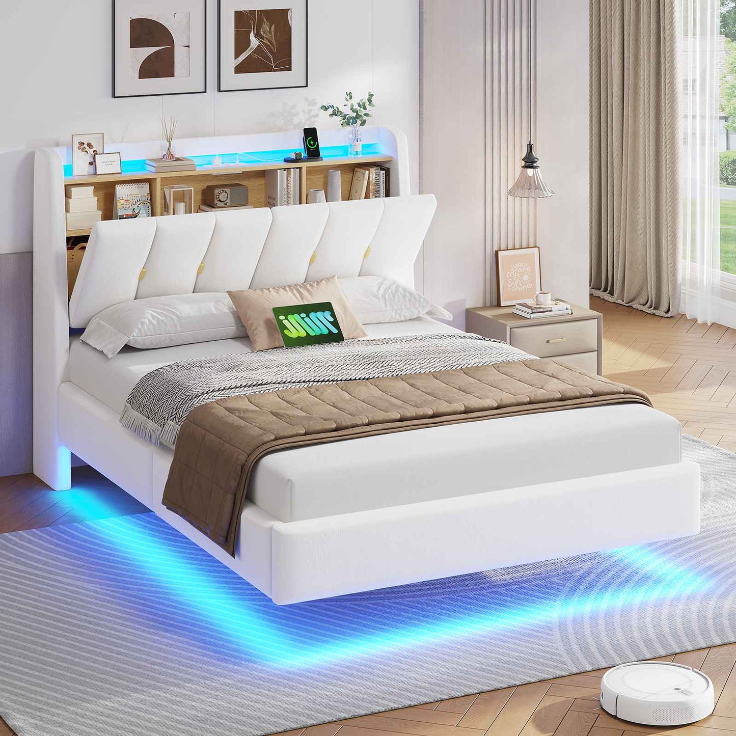 Brinlawb Polsterbett Schwebebett mit LED Beleuchtung und Ladestation 2 Steckdosen 2 USB Jugendbett mit gepolstertem