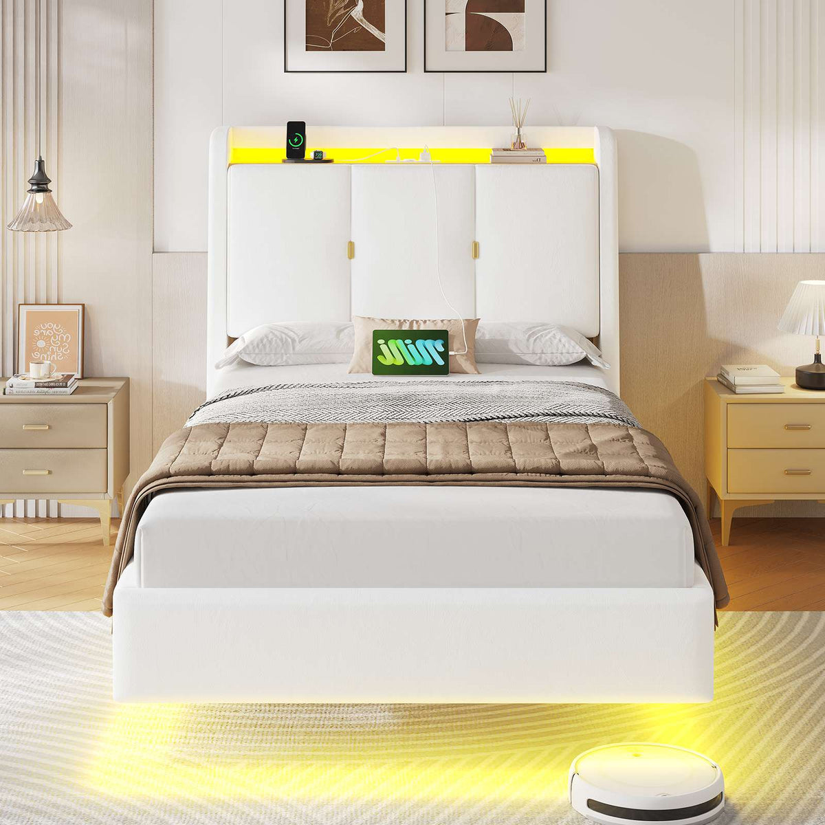 Brinlawb Polsterbett Schwebebett mit LED Beleuchtung und Ladestation 2 Steckdosen 2 USB Jugendbett mit gepolstertem