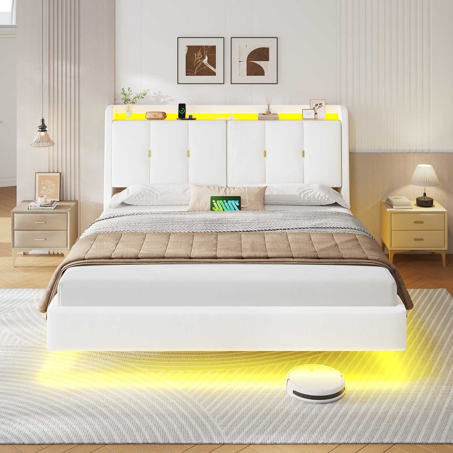 Brinlawb Polsterbett Schwebebett mit LED Beleuchtung und Ladestation 2 Steckdosen 2 USB Jugendbett mit gepolstertem