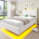 Brinlawb Polsterbett Schwebebett mit LED Beleuchtung und Ladestation 2 Steckdosen 2 USB Jugendbett mit gepolstertem