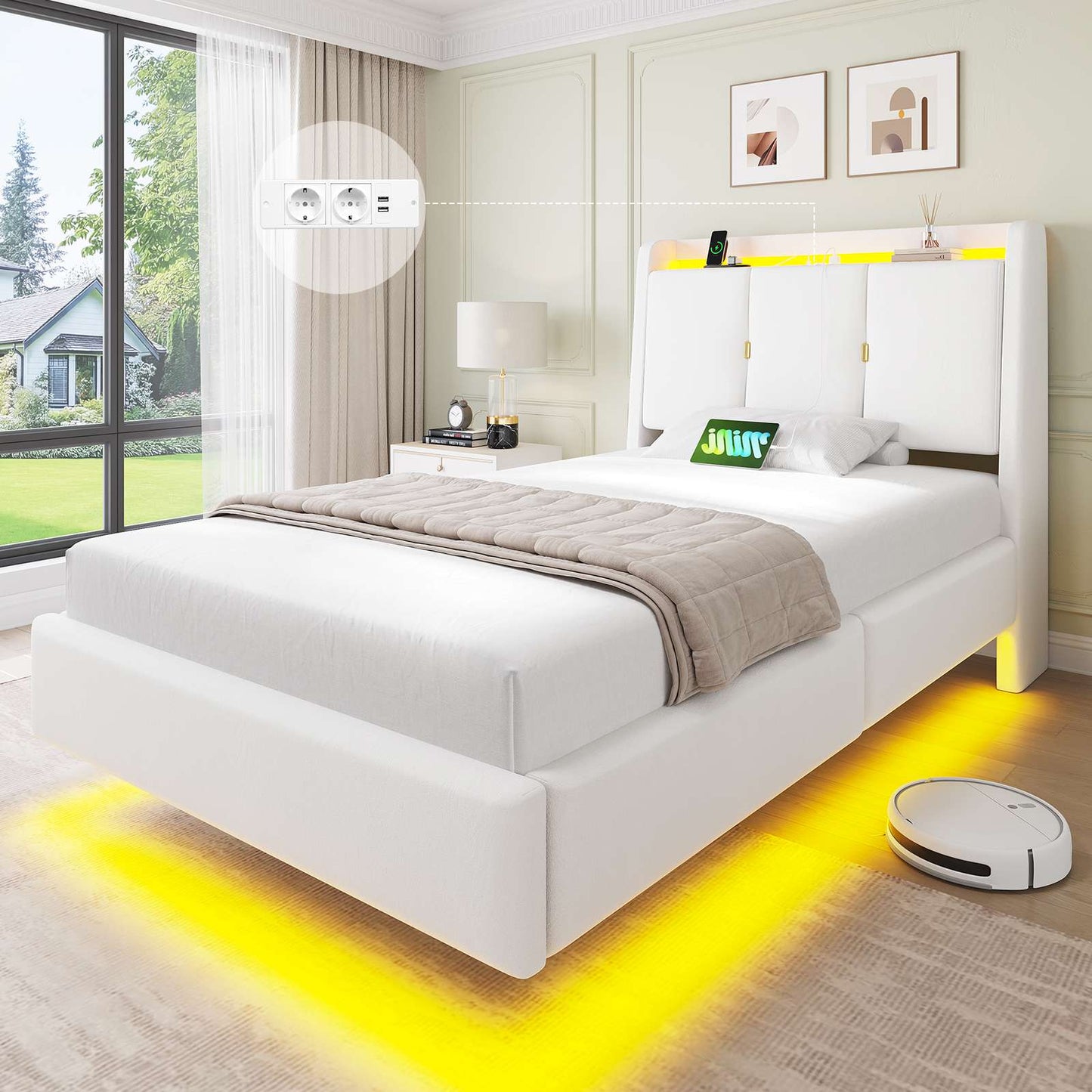 Brinlawb Polsterbett Schwebebett mit LED Beleuchtung und Ladestation 2 Steckdosen 2 USB Jugendbett mit gepolstertem