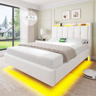 Brinlawb Polsterbett Schwebebett mit LED Beleuchtung und Ladestation 2 Steckdosen 2 USB Jugendbett mit gepolstertem