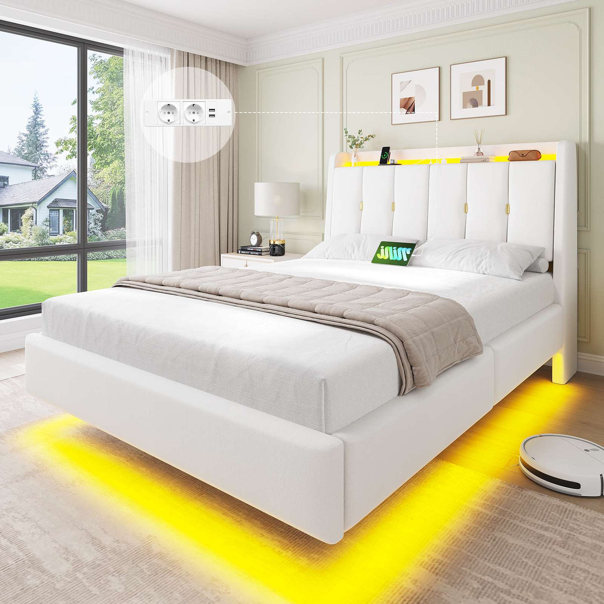 Brinlawb Polsterbett Schwebebett mit LED Beleuchtung und Ladestation 2 Steckdosen 2 USB Jugendbett mit gepolstertem
