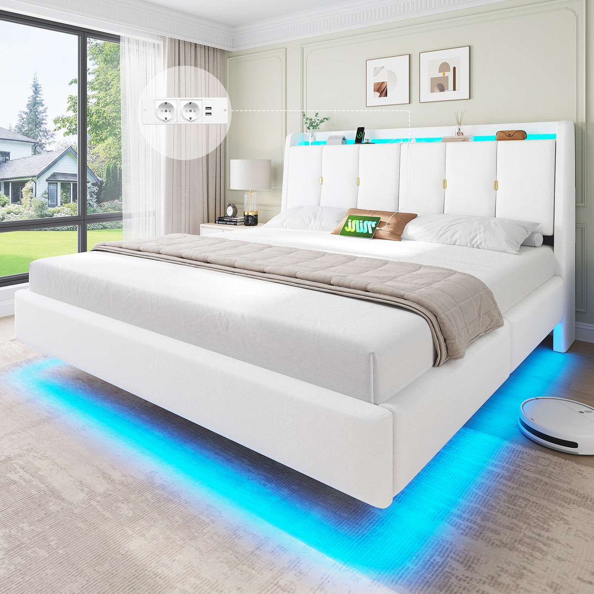 Brinlawb Polsterbett Schwebebett mit LED Beleuchtung und Ladestation 2 Steckdosen 2 USB Jugendbett mit gepolstertem