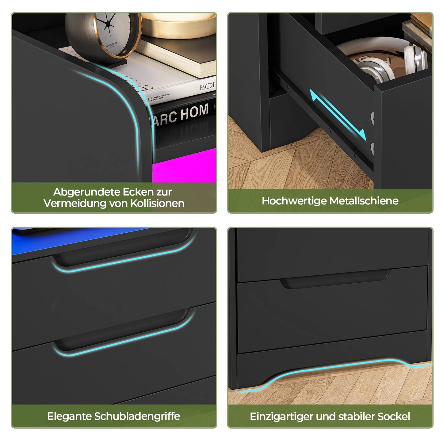 Brinlawb Nachttisch mit LED Beleuchtung und Ladestation 2 AC Steckdosen 2 USB Anschlüsse Nachtschrank mit 2 Schubladen und 1 Offenes
