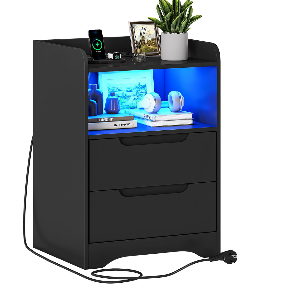 Brinlawb Nachttisch mit LED Beleuchtung und Ladestation 2 AC Steckdosen 2 USB Anschlüsse Nachtschrank mit 2 Schubladen und 1 Offenes