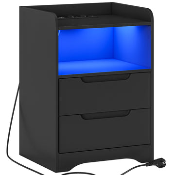Brinlawb Nachttisch mit LED Beleuchtung und Ladestation 2 AC Steckdosen 2 USB Anschlüsse Nachtschrank mit 2 Schubladen und 1 Offenes
