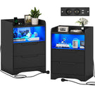 Brinlawb Nachttisch mit LED Beleuchtung und Ladestation 2 AC Steckdosen 2 USB Anschlüsse Nachtschrank mit 2 Schubladen und 1 Offenes