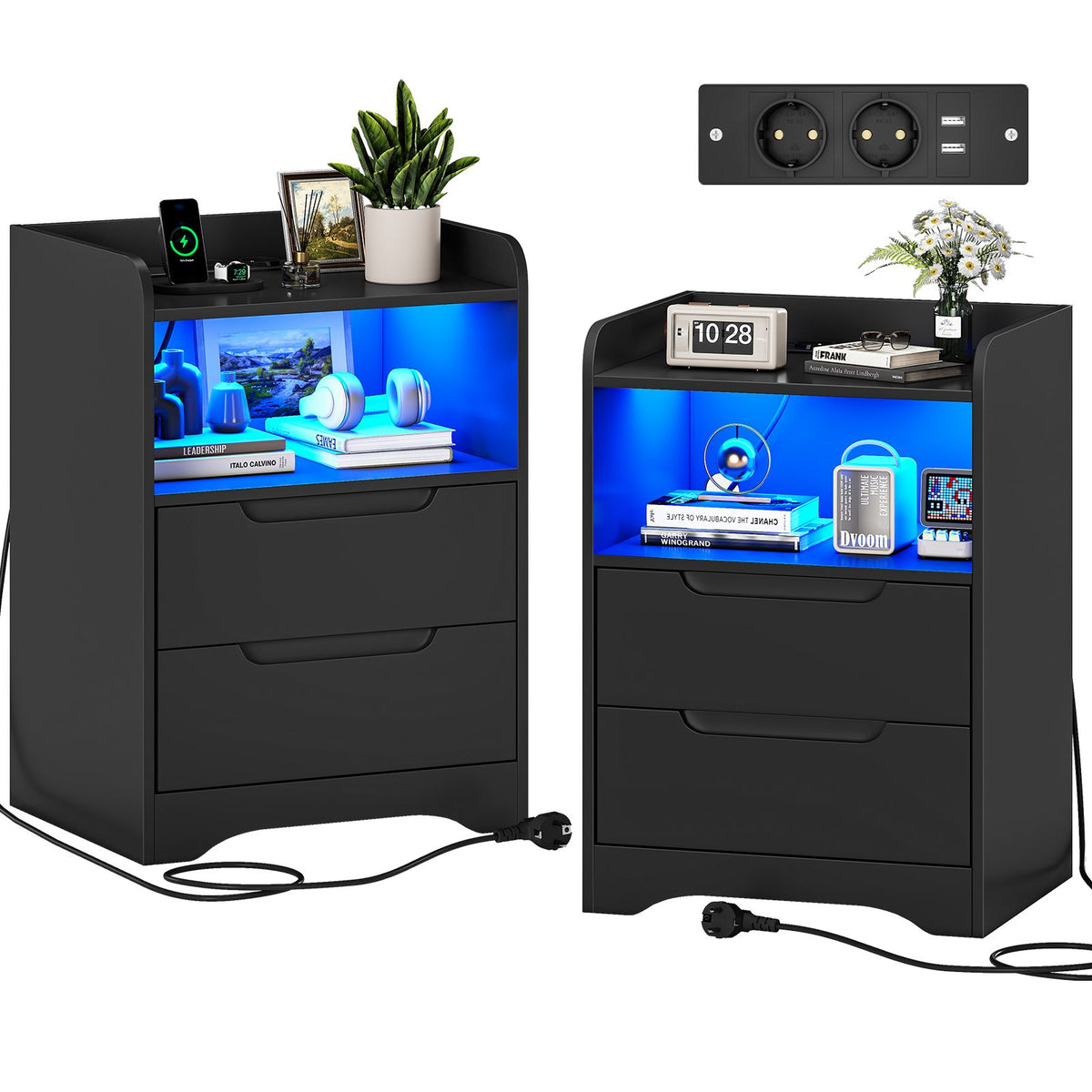 Brinlawb Nachttisch mit LED Beleuchtung und Ladestation 2 AC Steckdosen 2 USB Anschlüsse Nachtschrank mit 2 Schubladen und 1 Offenes